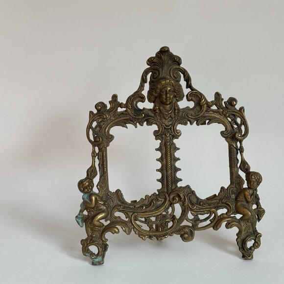 Antique Brass Cherub Double Picture Frame - Ornate Brass - Picture 2 of 9